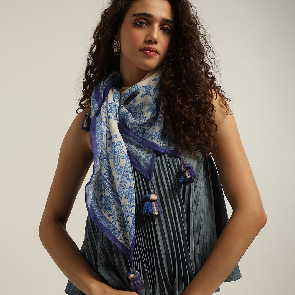 Label Ritu Kumar Women Rossine Blue Square Scarf