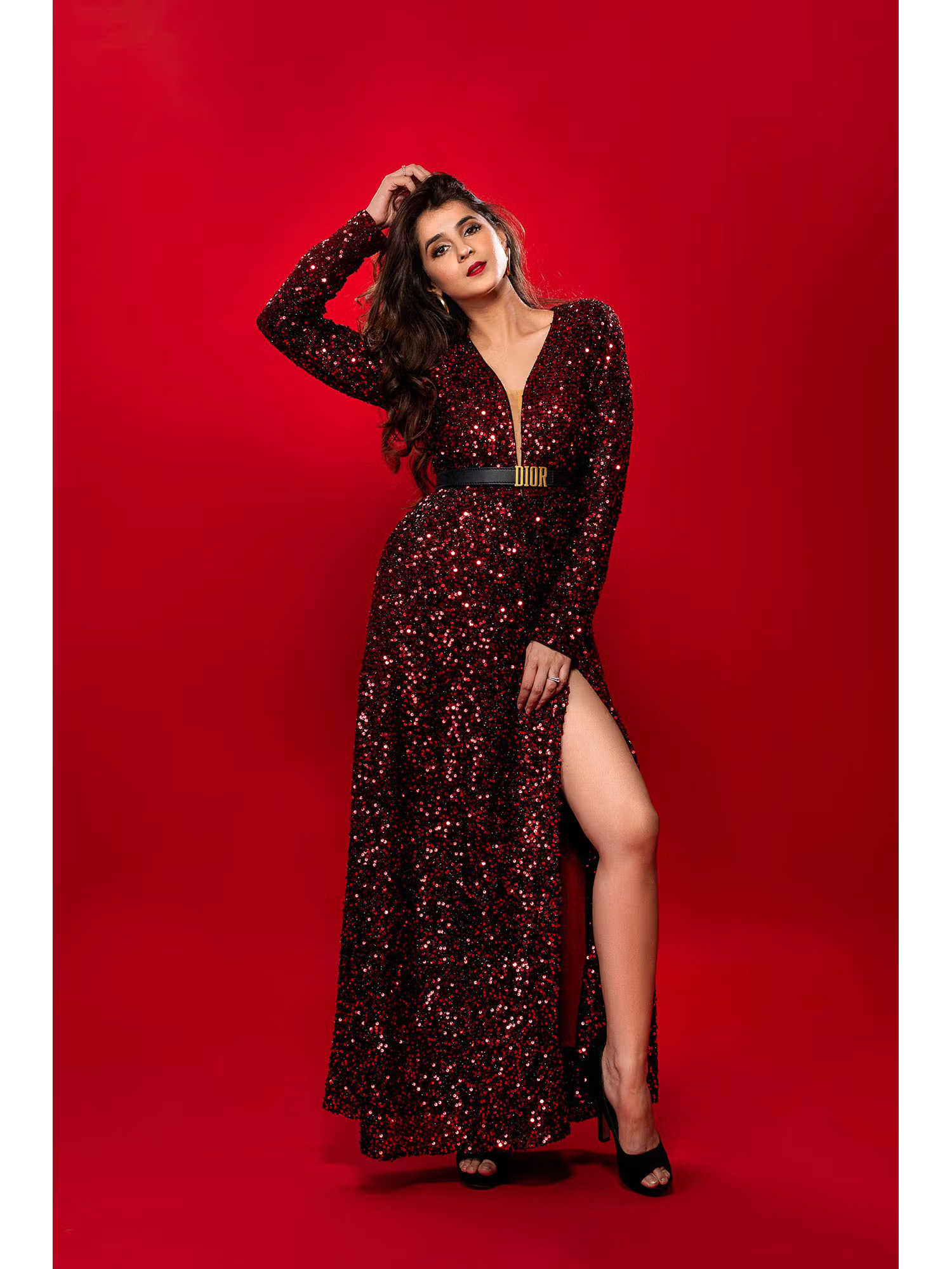 Label Shaurya Sanadhya Maroon Sequin Long Gown with Slit