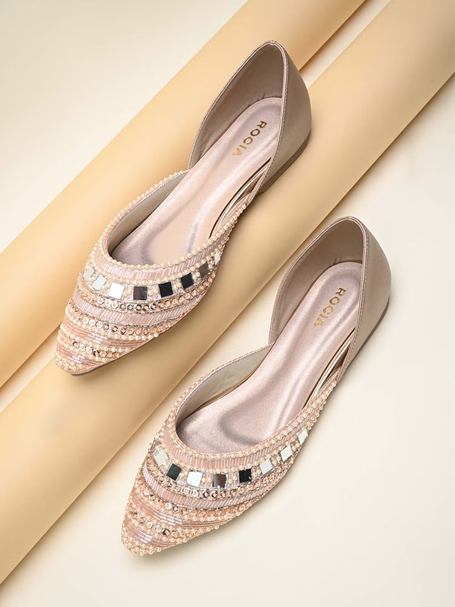 ROCIA Rose Gold Women Embroidered Jutties