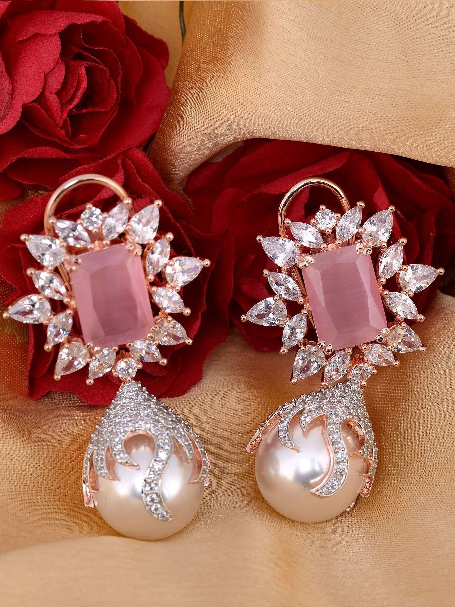 Saraf RS Jewellery Royal Pink Floral Shape American Diamond Brass Pearl Studded Drop Earrings