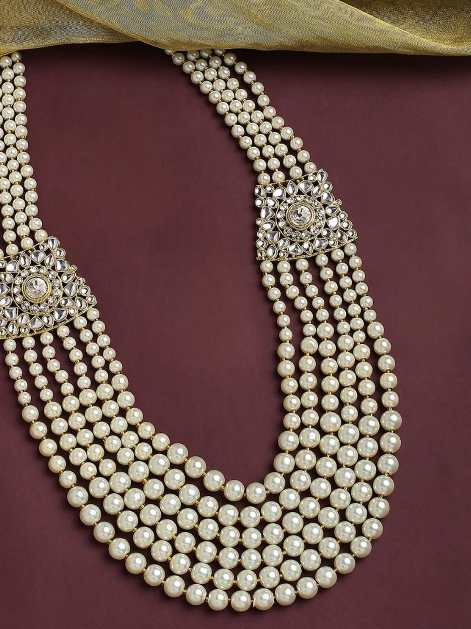 OOMPH White Pearls and Stones Moti Mala Necklace for Men
