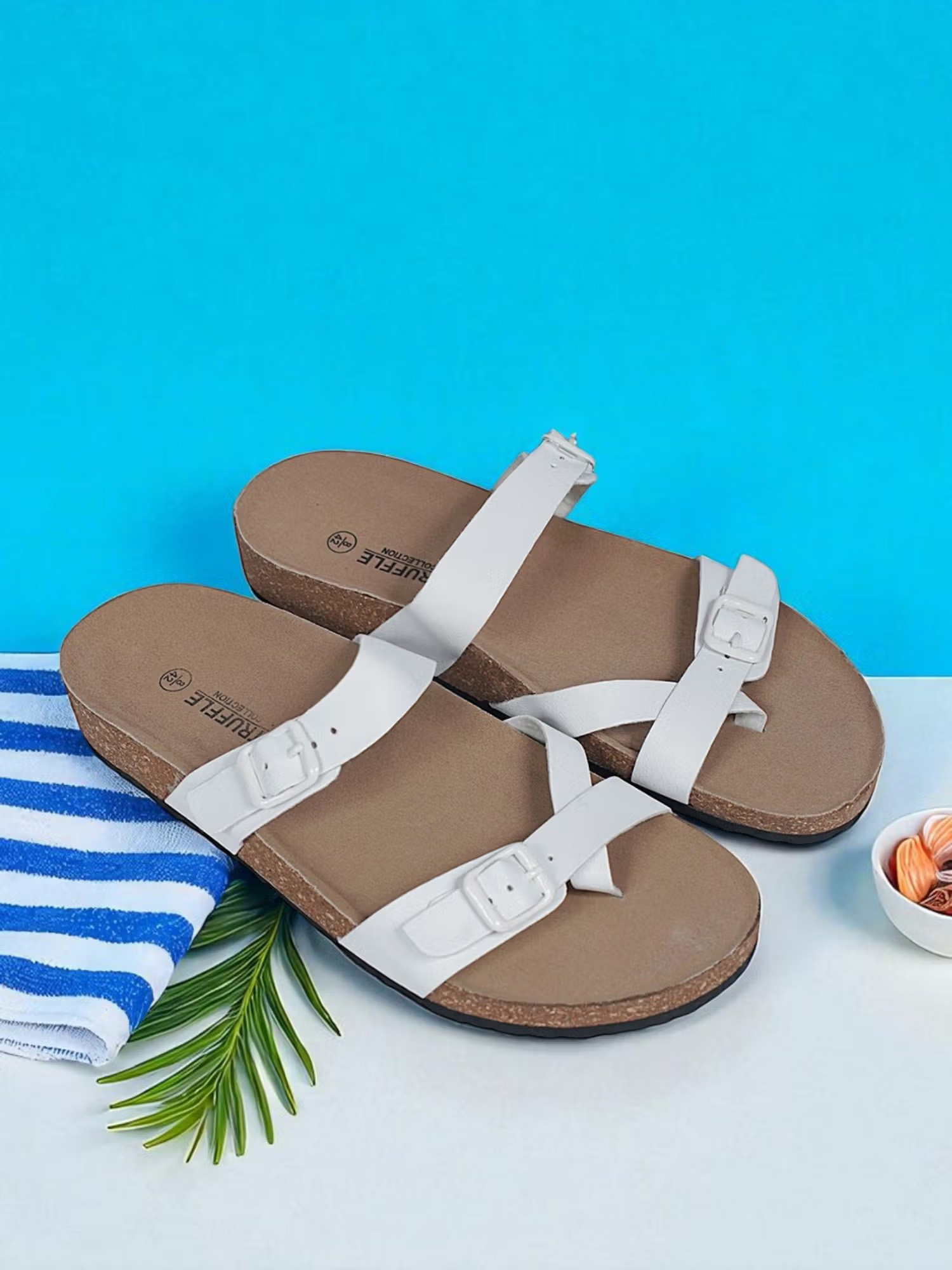 White Synthetic Leather Cork-Latex Footbed Sandals For Men