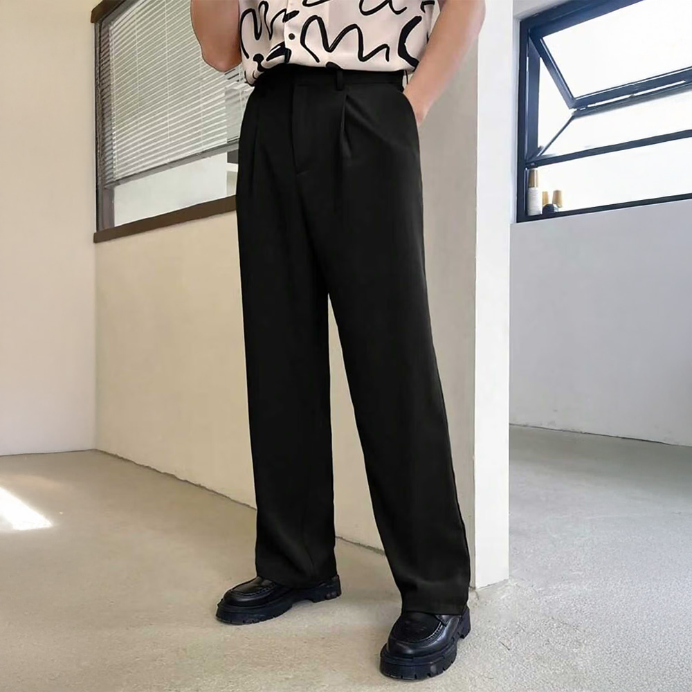 BROADSTAR Mens Black Color Straight Fit Korean Casual Trousers