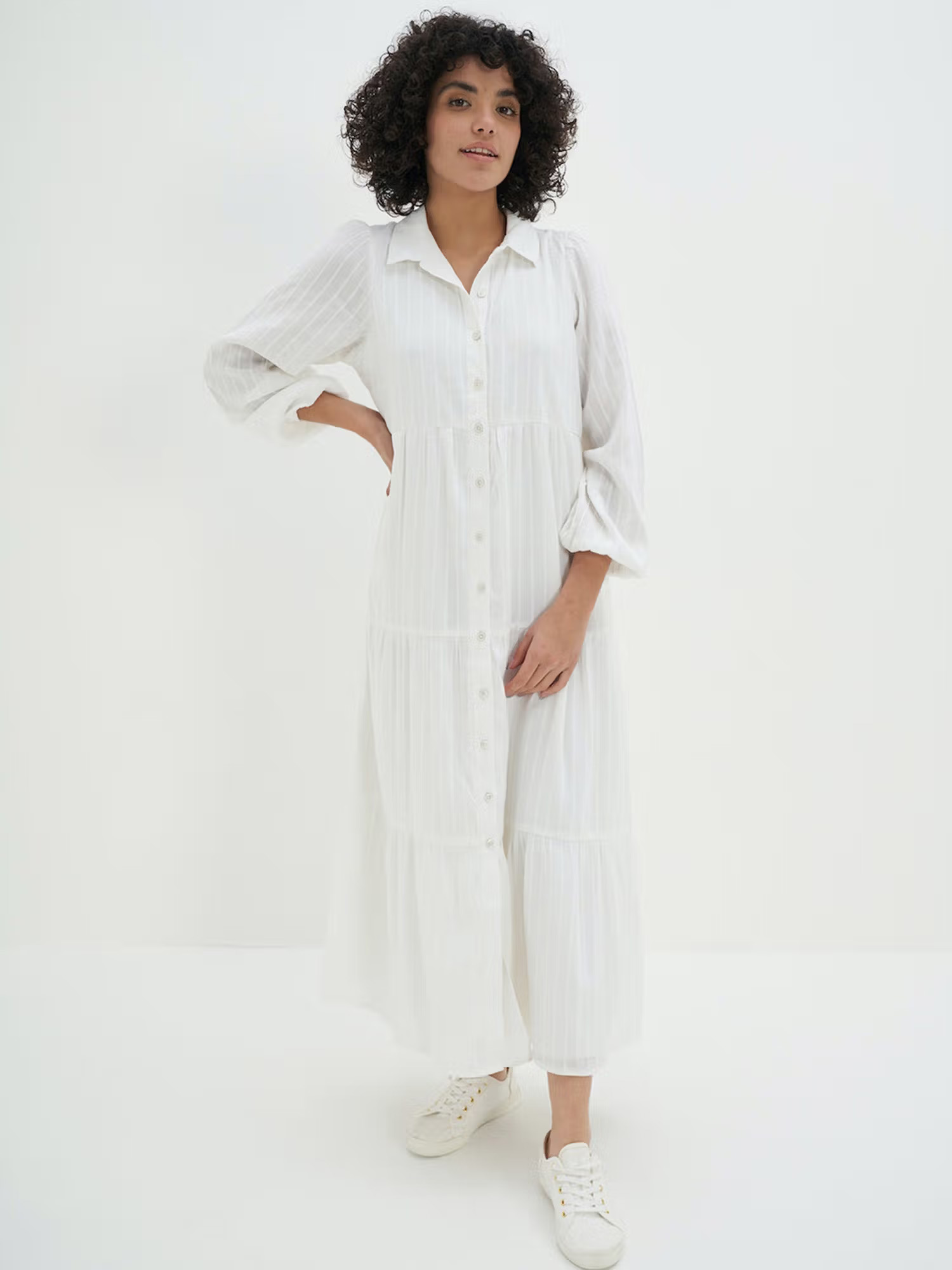 American Eagle Women White Long-sleeve Midi Shirt Dress
