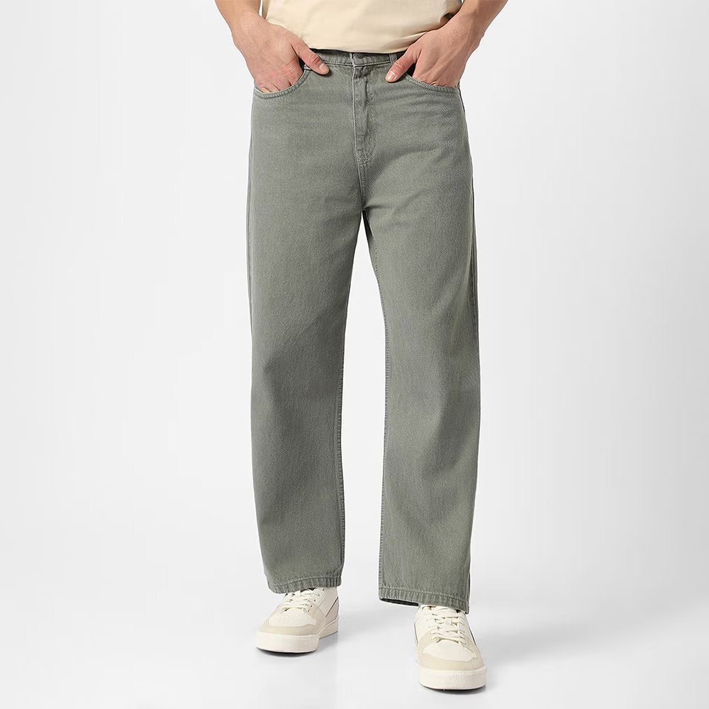 Urbano Fashion Mens Olive Green Loose Fit Washed Jeans Non-Stretchable