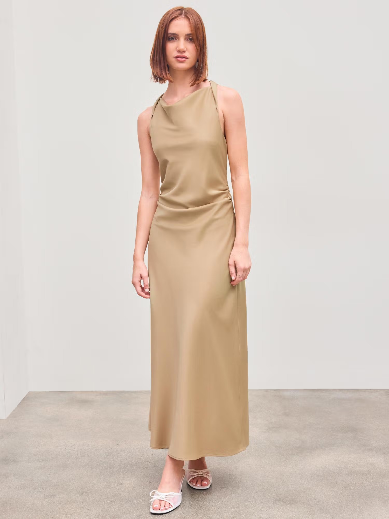 Cider Satin Cowl Neck Solid Ruched Maxi Dress (L)