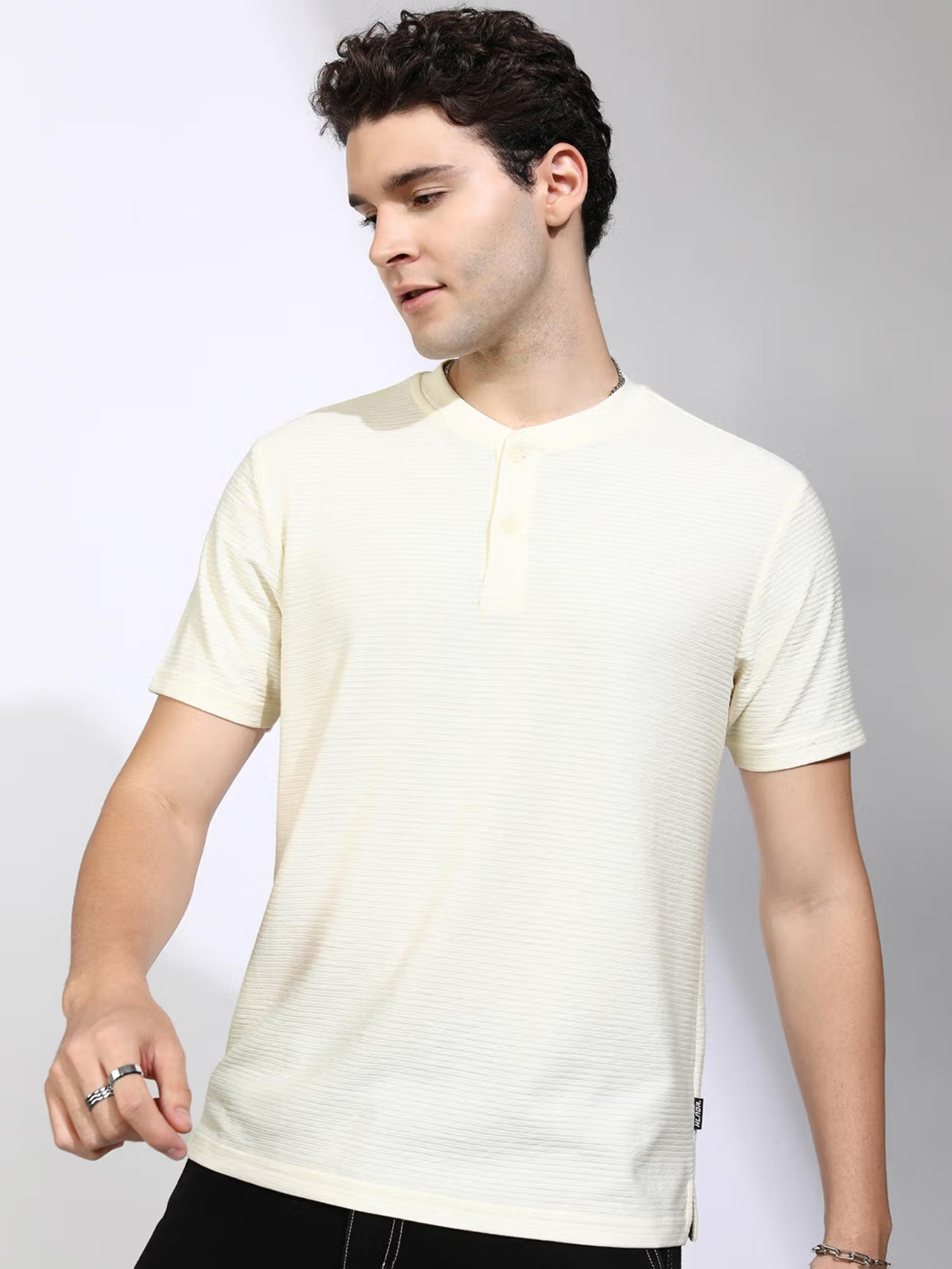 HIGHLANDER Men Henley Neck Textured Relaxed Fit T-shirt-Off White