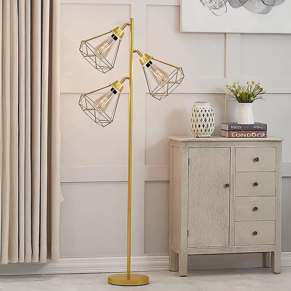 Homesake 3Hanging Tree Floor Lamp Diamond Cage Shades-Gold