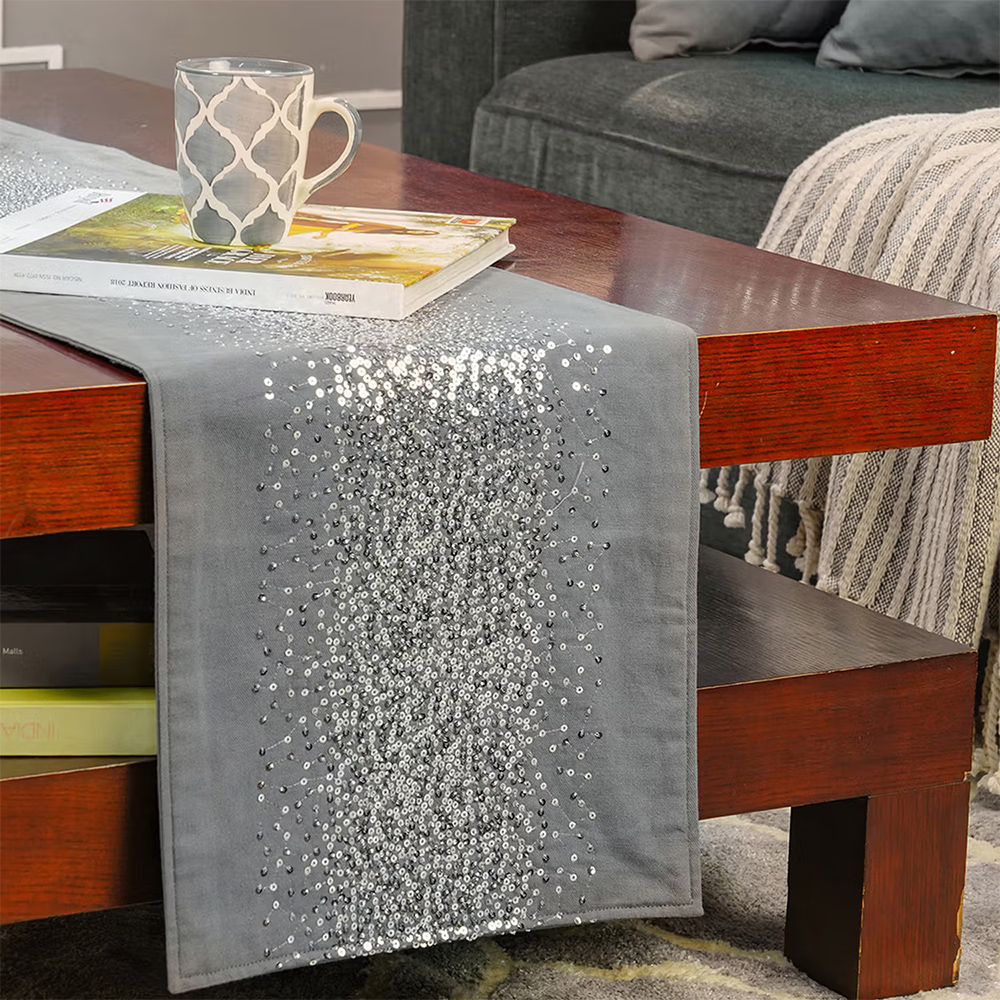 Maspar Cotton Grey Ethnic Table Runner & Cushion Covers (4 Seater)