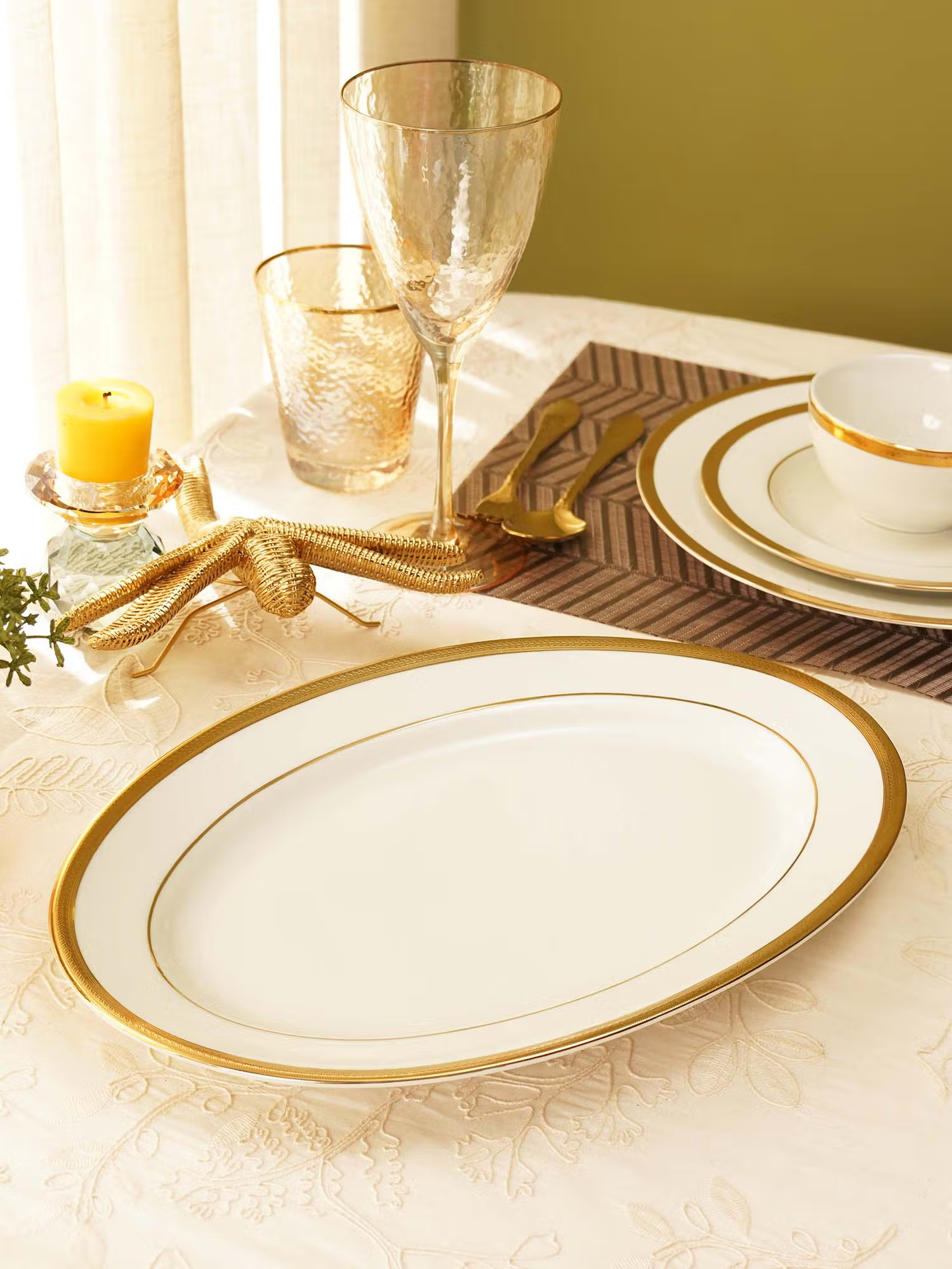 Pure Home + Living White Gold Rim Ceramic Rice Platter