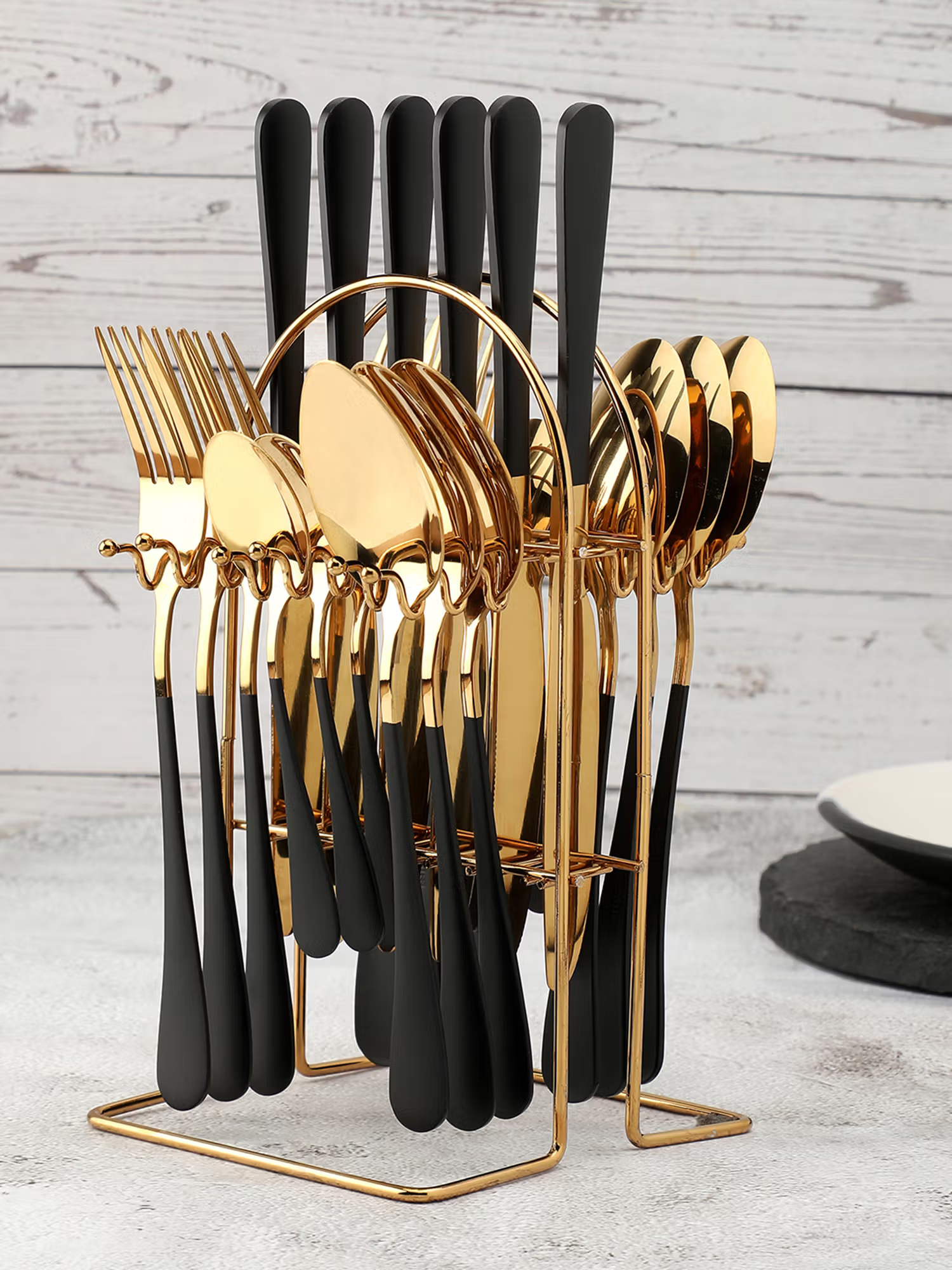 Bonhomie Black and Gold Solid Stainless Steel Cutlery Set Pack of 24