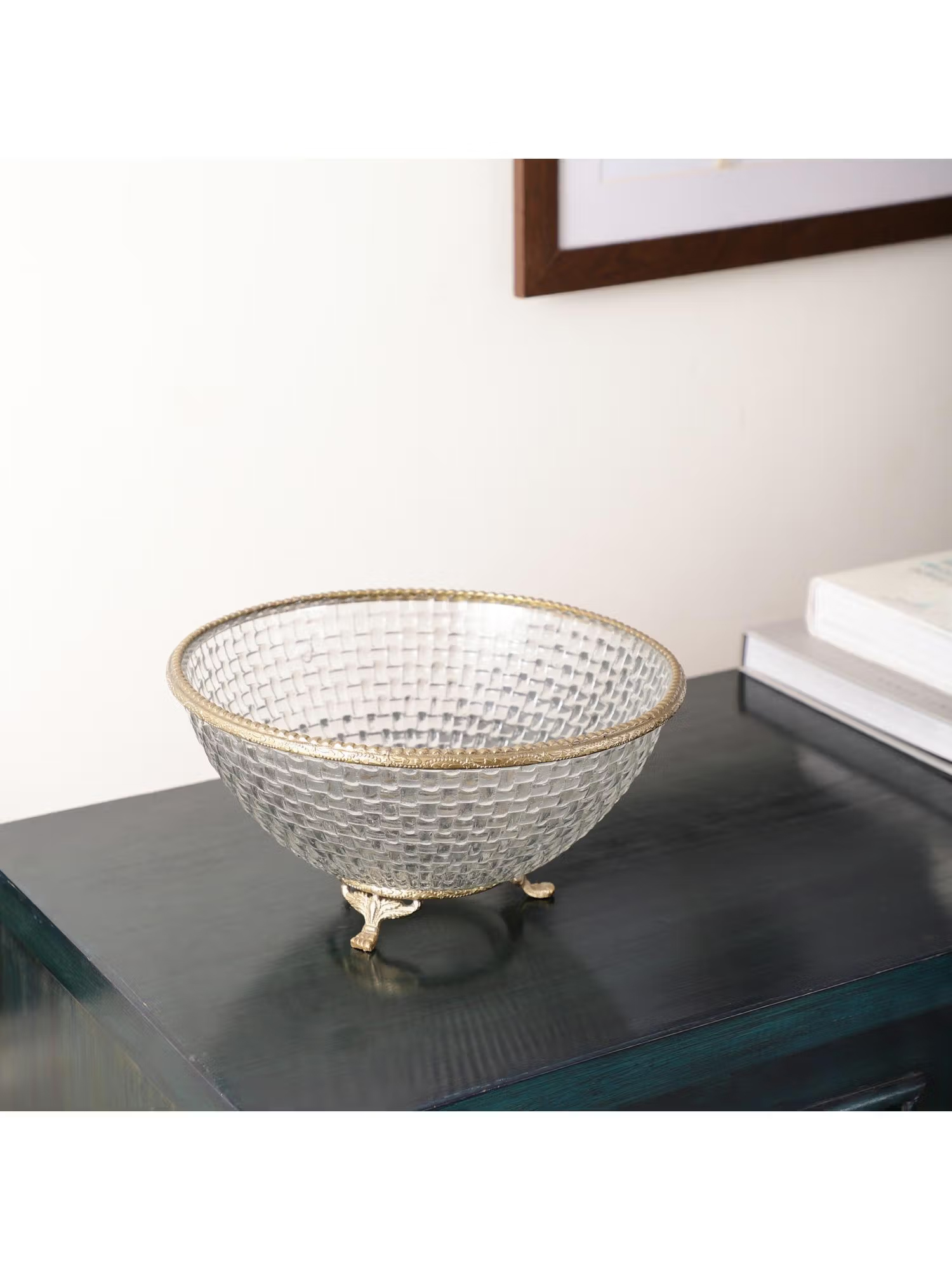 De Maison Decor Ribbed Glass Antique Brass Bowl