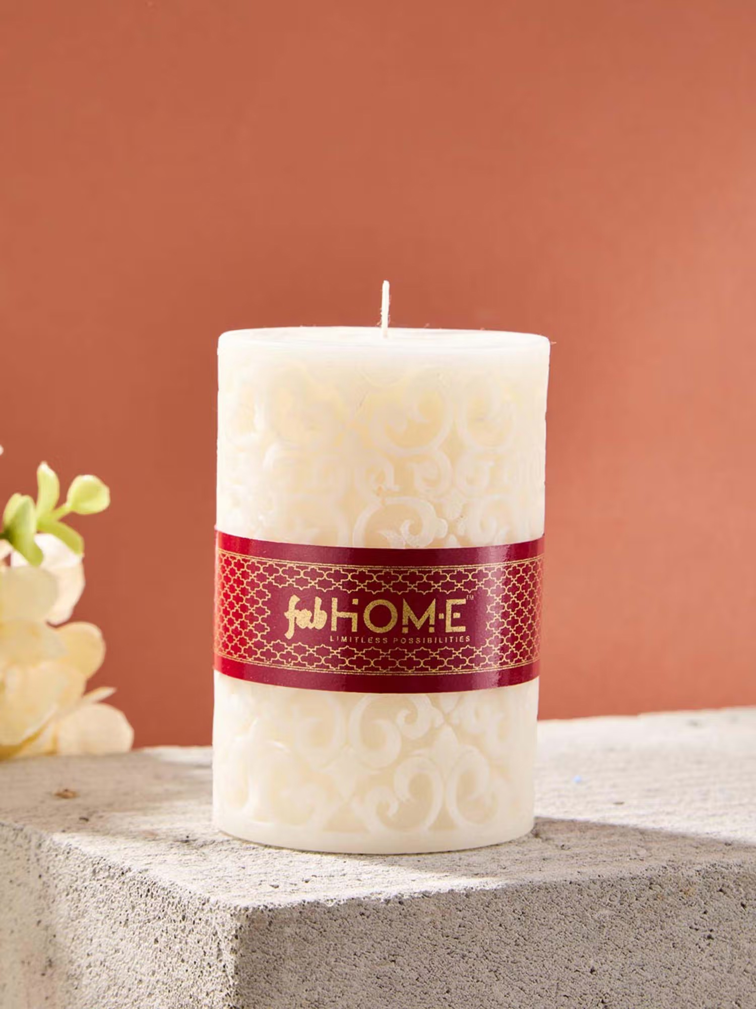 Fabindia White Wax Pillar Embossed Candle