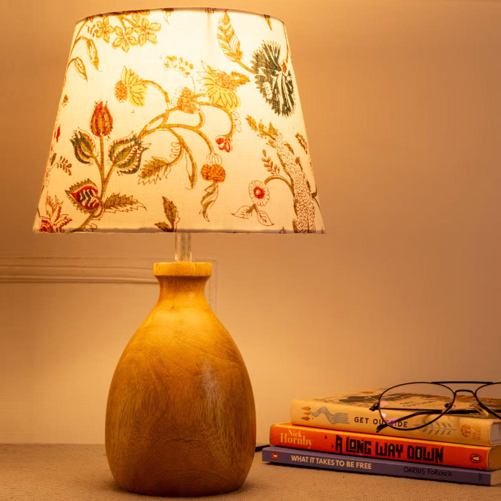 Green Girgit Big Dome Wooden Table Lamp with Multi-Color Taper White Lamp Shade