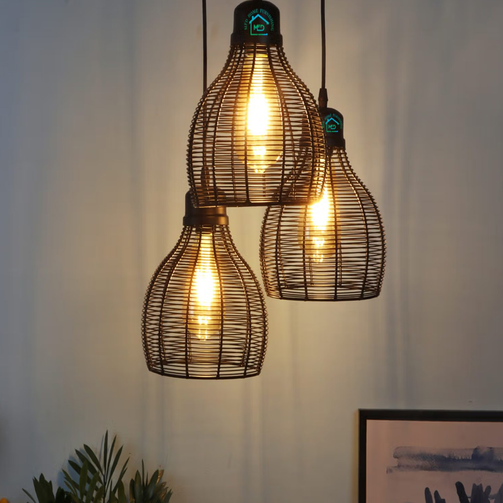 MFD HOME FURNISHING Hanging Black 3Lite Metal Mesh Pendant Hanging Cage Fixture Hanging Lights