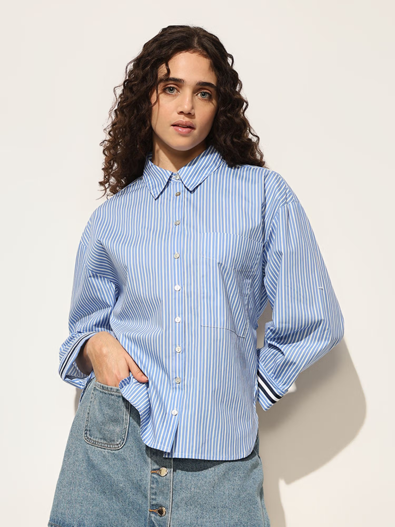 ONLY Blue Striped Cotton Shirt