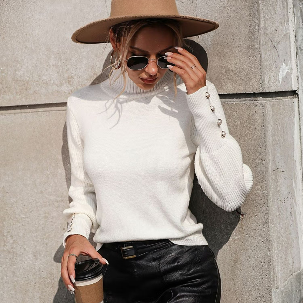 Oh Rare Off White Solid Women's High Collar Beading Versatile Sweater