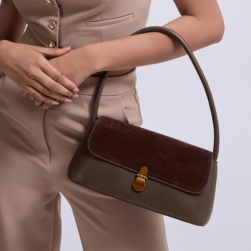 Twenty Dresses by Nykaa Fashion Brown Structured Faux Suede Women's Baguette Handbag