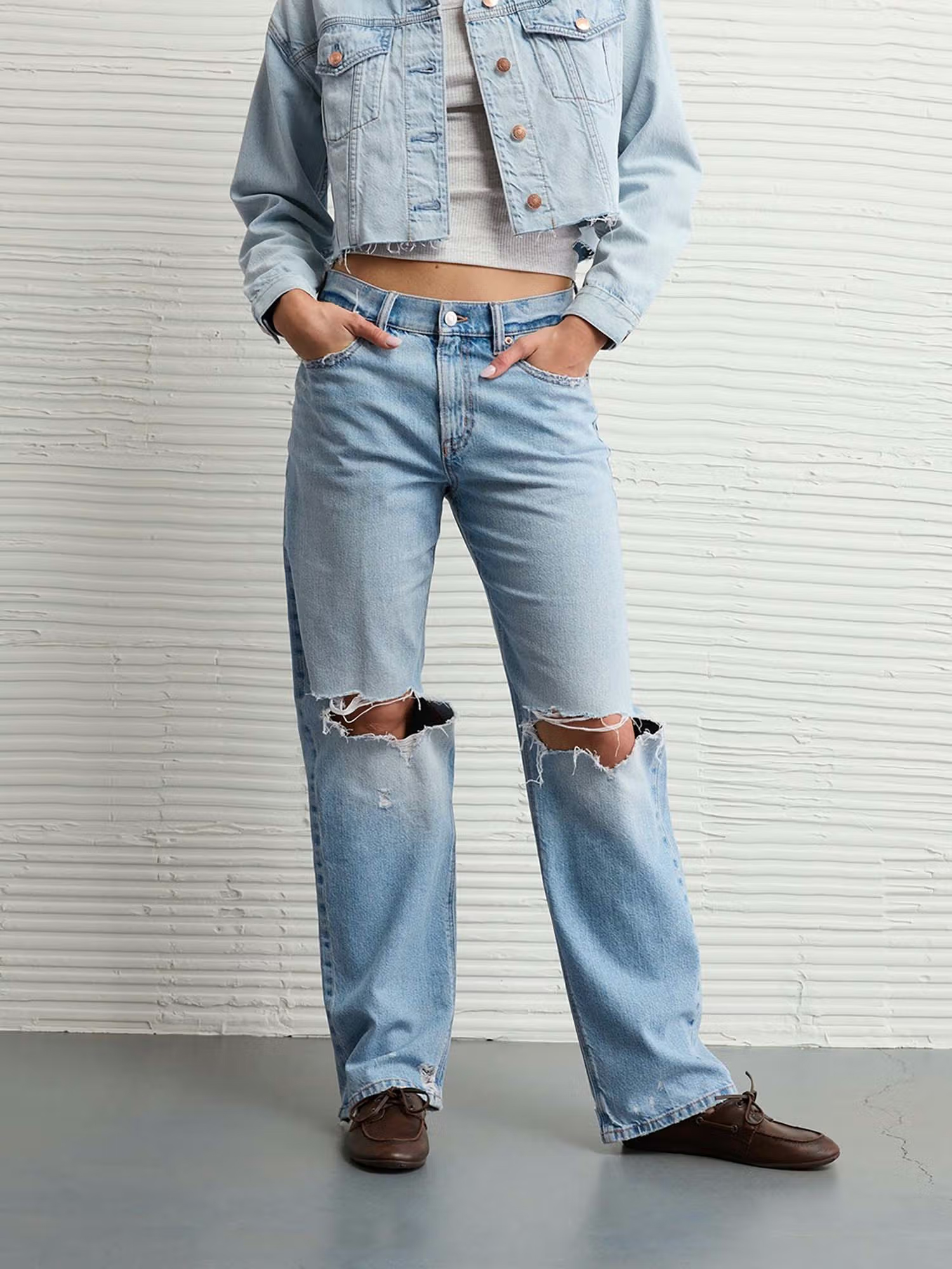 American Eagle Women Blue Stringed Ripped Low-Rise Ex-Boyfriend Jeans