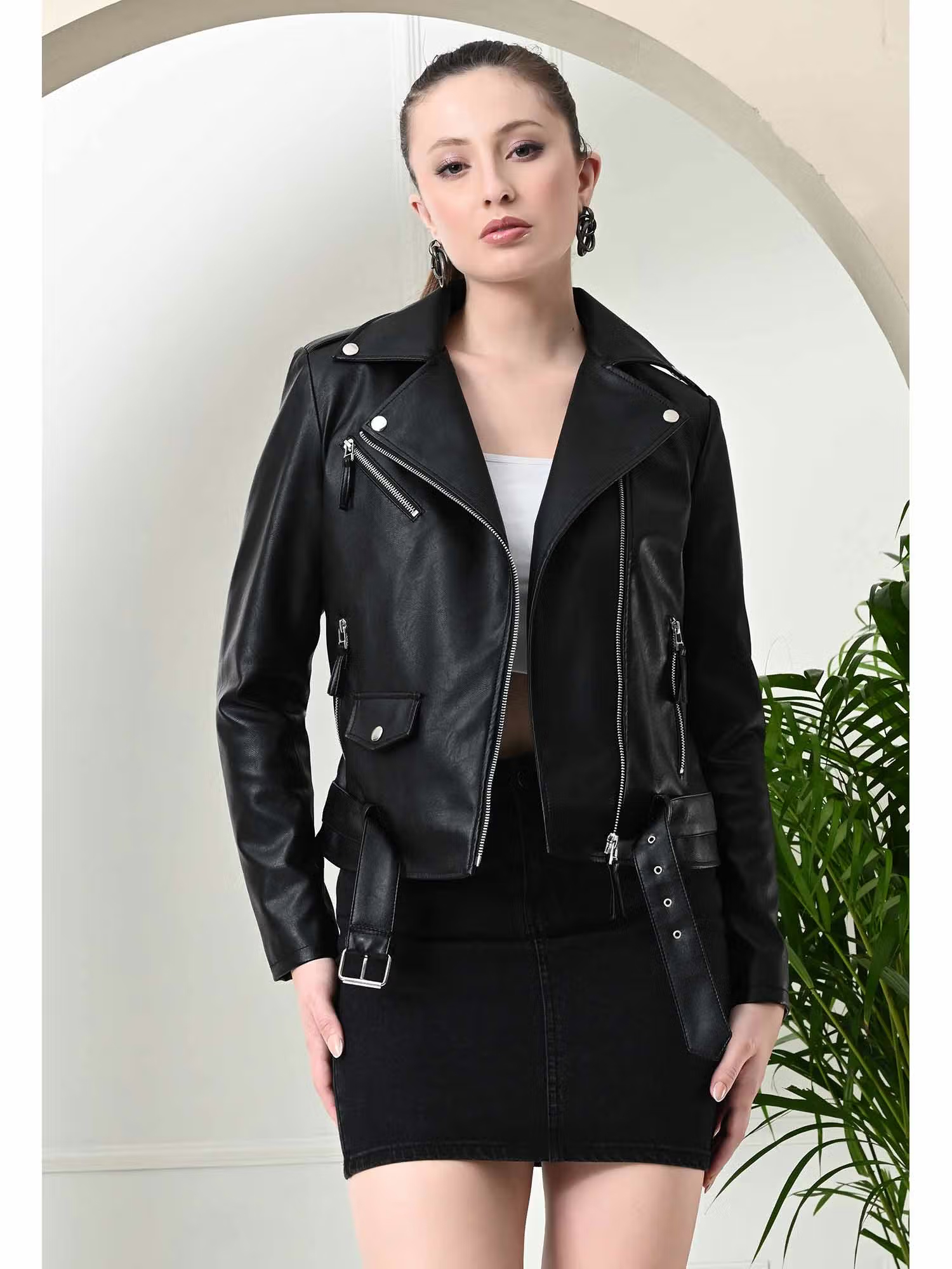 TBOJ Brighter Black Crop Leather Jacket with Belt (Set of 2)