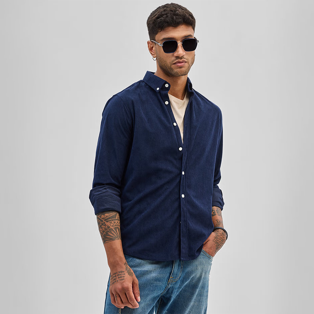 Snitch Dark Navy Blue Slim Fit Corduroy Shirt