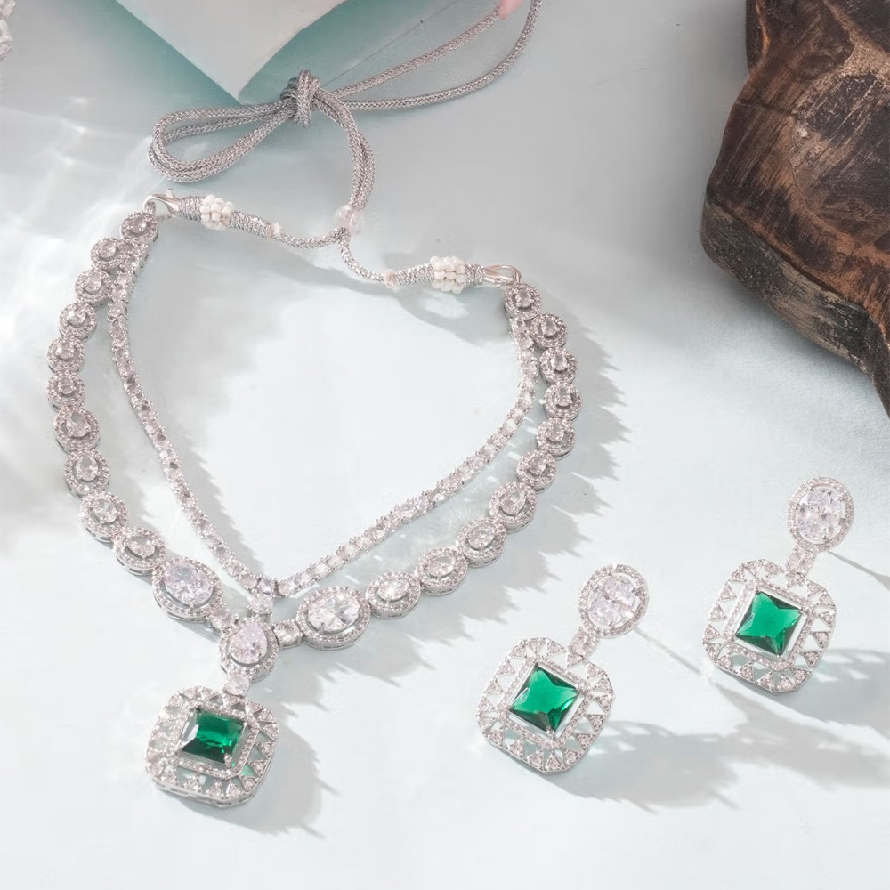 Niscka Emeralds Green Rhodium Plated American Diamond Necklace Set