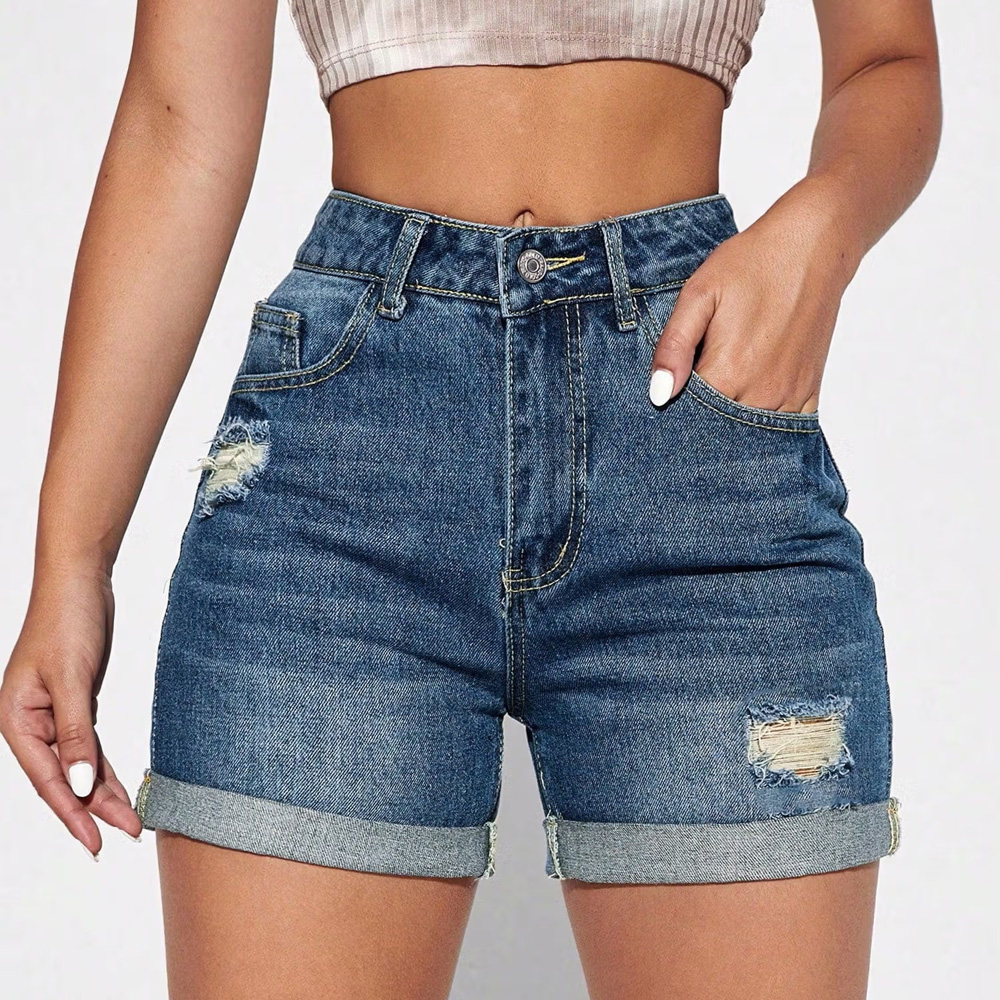 Outzidr Blue Distressed and Folded Hem Denim Shorts