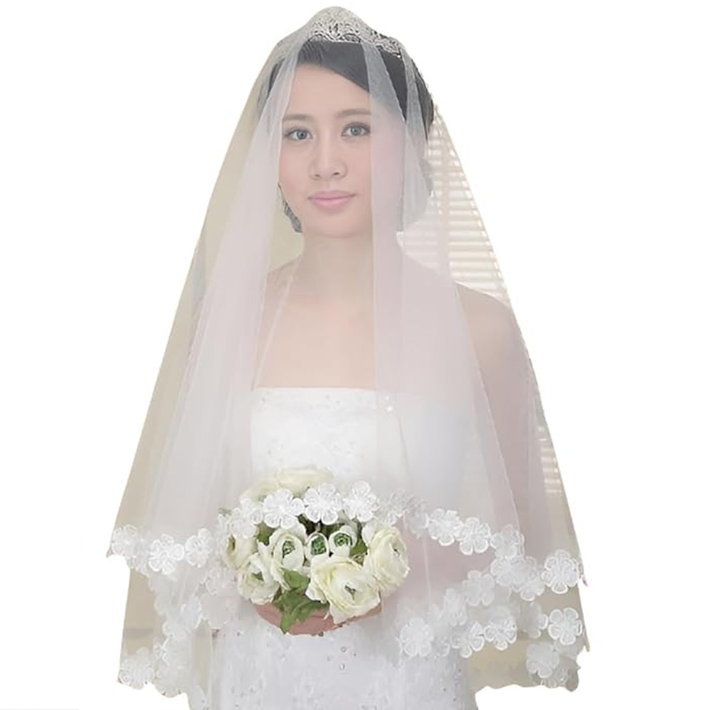 Short wedding veil lace work double layer