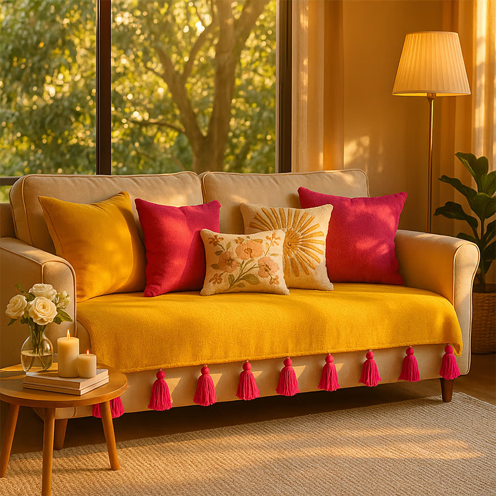 THROW PILLOW Ochre Sofa Cover With Magenta Tassels Yellow