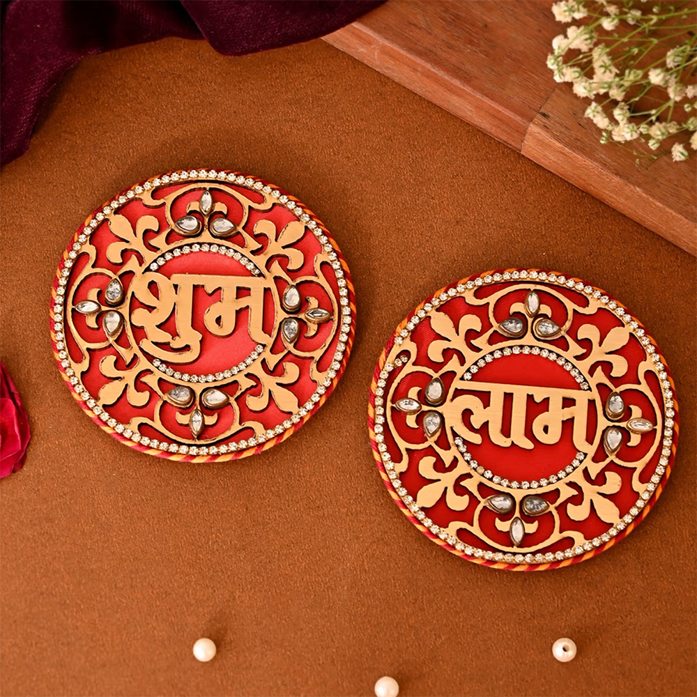 AAPNO RAJASTHAN Laser-Cut Shubh Labh Pair with Kundan Detailing Ethnic Wall Art (Pack of 2)