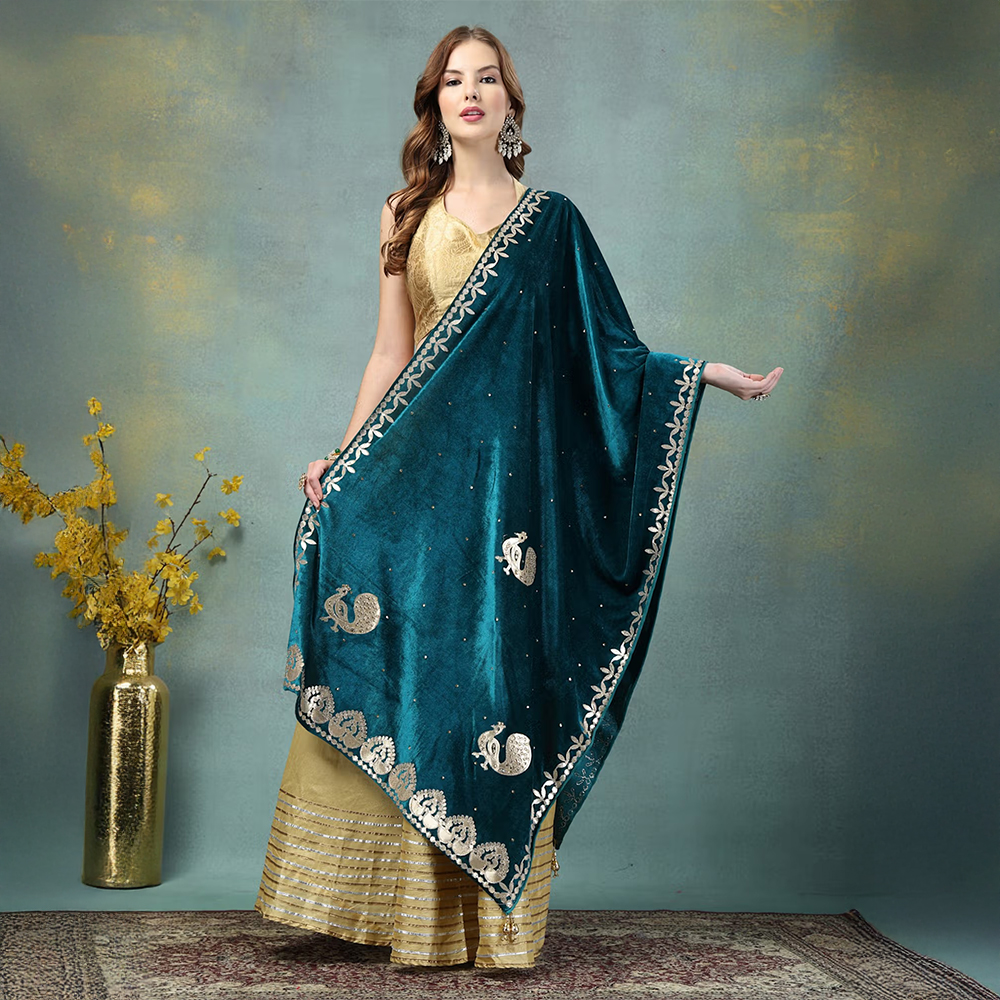 Clora Creation Peacock Blue Velvet Dupatta with Gotta Patti Work