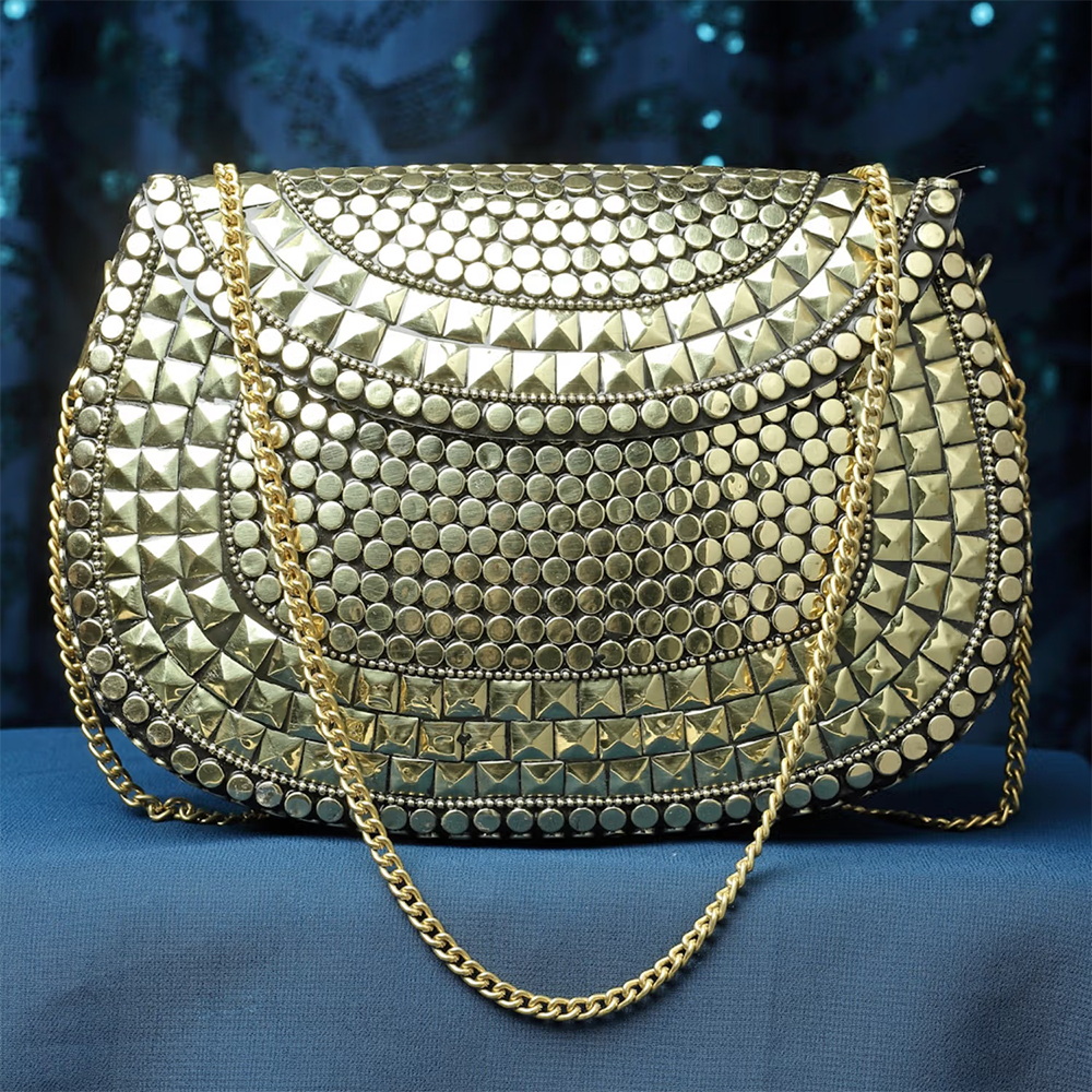 Anekaant Mosaic Gold Mosaic Embellished Metal Halfmoon Clutch
