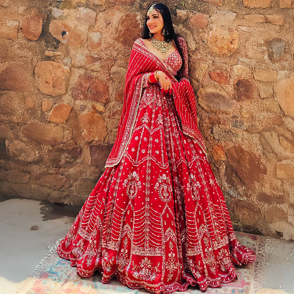 Amaltas Couture Naazim Raw Silk Red Embroidered Blouse with Lehenga 