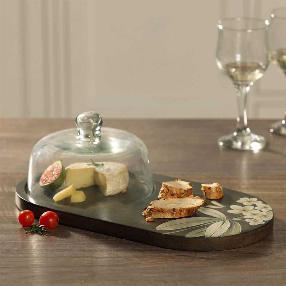 Frangipani Glass Cloche with Wooden Platter