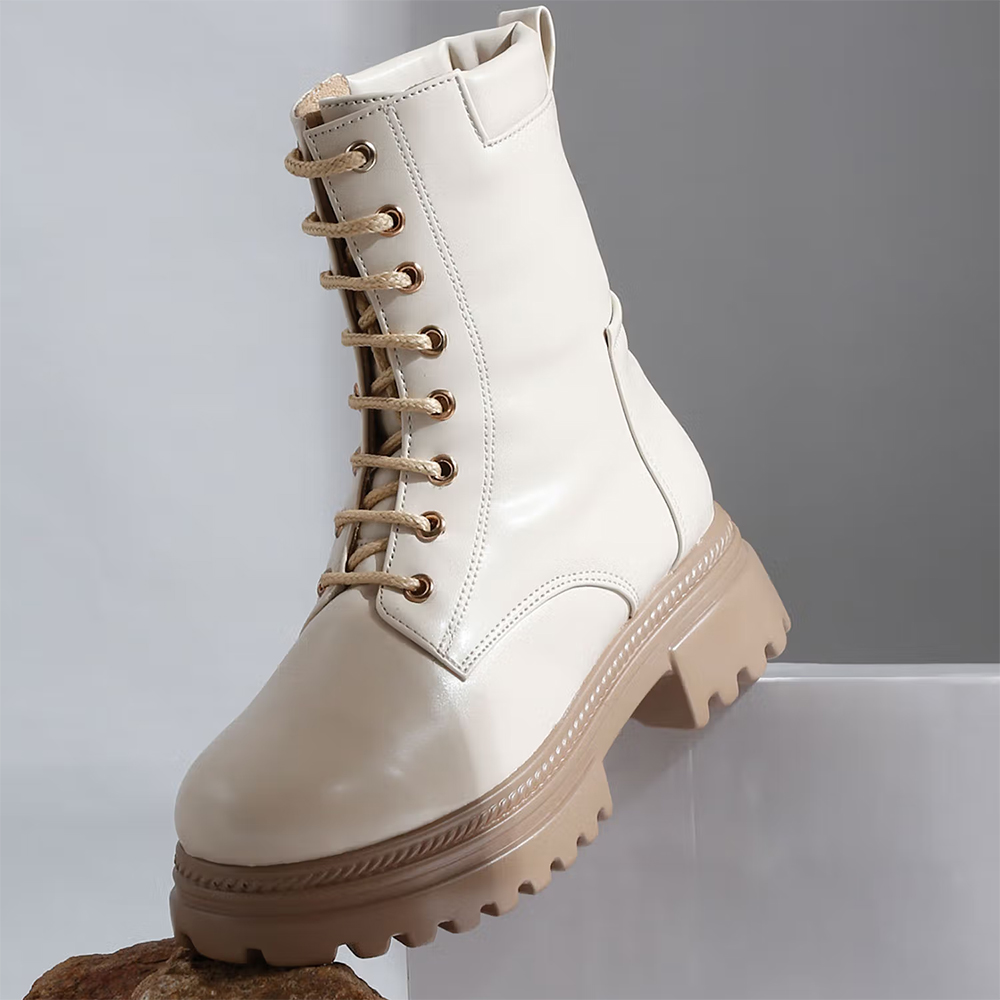 Cream Lace-Ups Brogues Boots