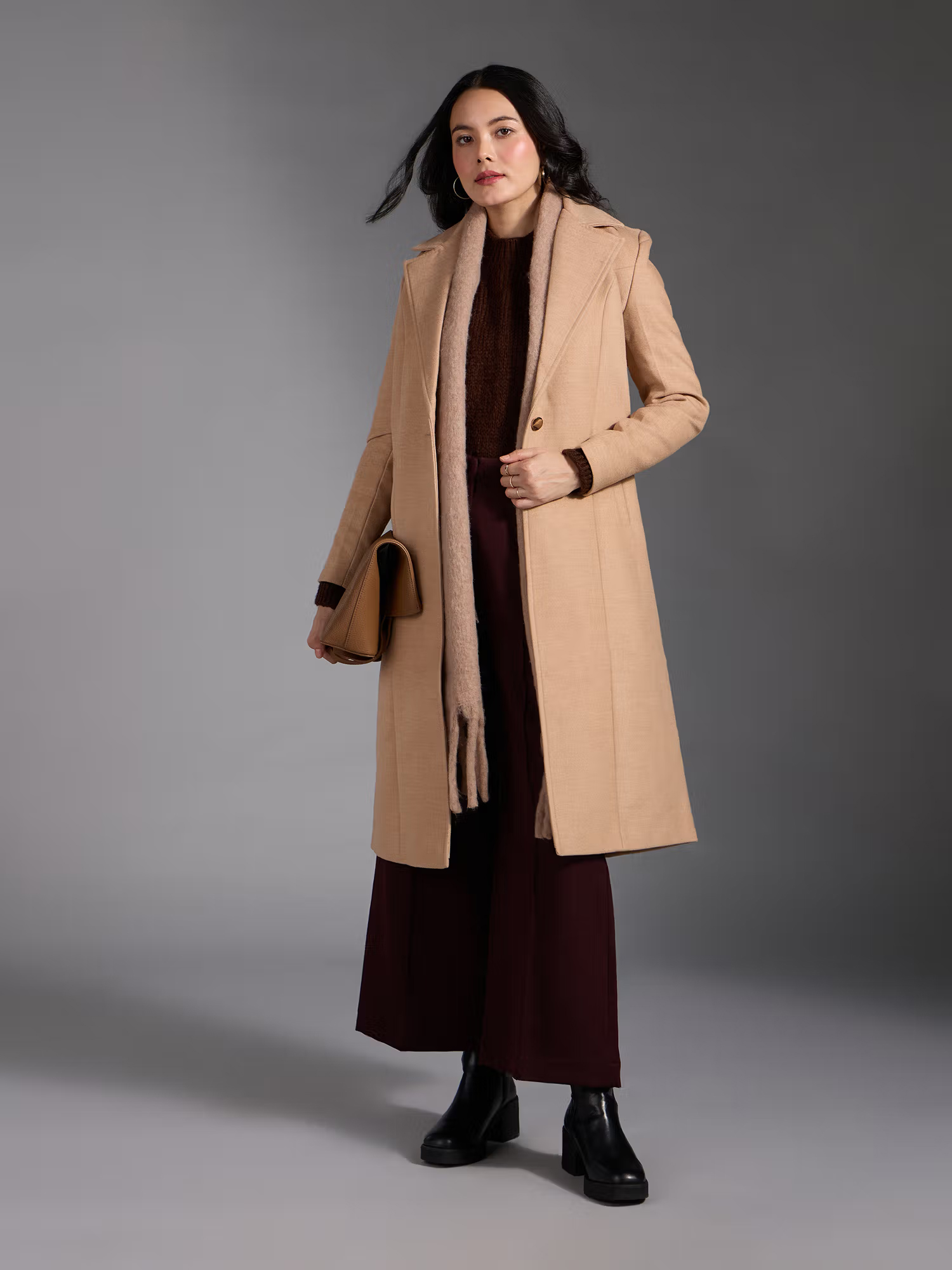 Twenty Dresses by Nykaa Fashion Beige Solid Lapel Collar Full Sleeves Midi Overcoat