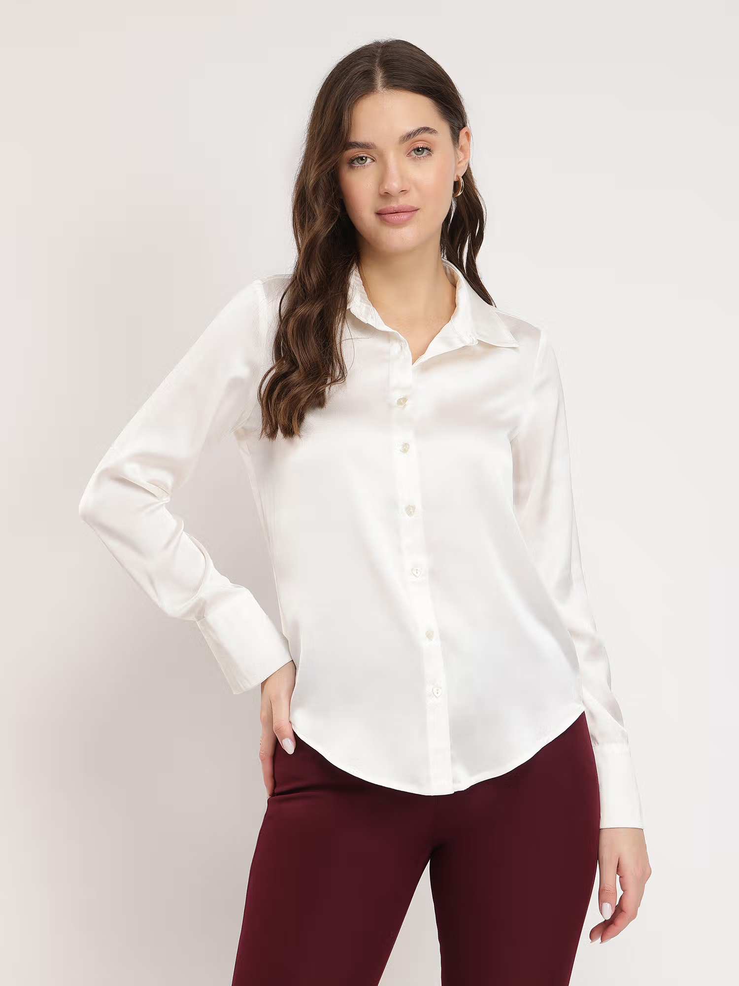 FableStreet Off White Satin Bell Cuff Shirt
