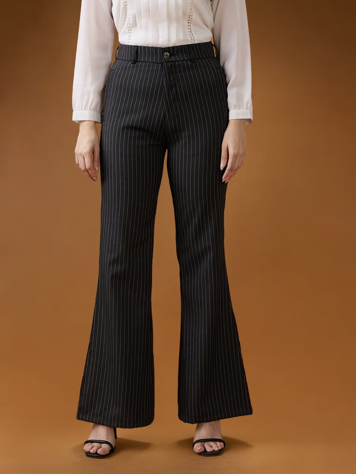 Globus Women Grey Striped Mid Rise Tailored Fit Bootcut Formal Pant