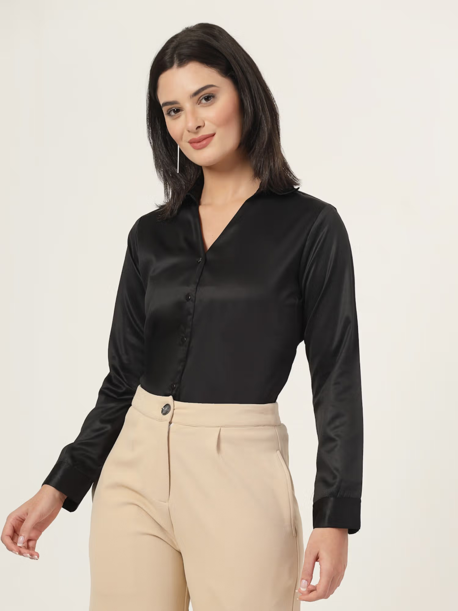 Style Quotient Women Black Solid Satin Regular Fit Formal Shirt