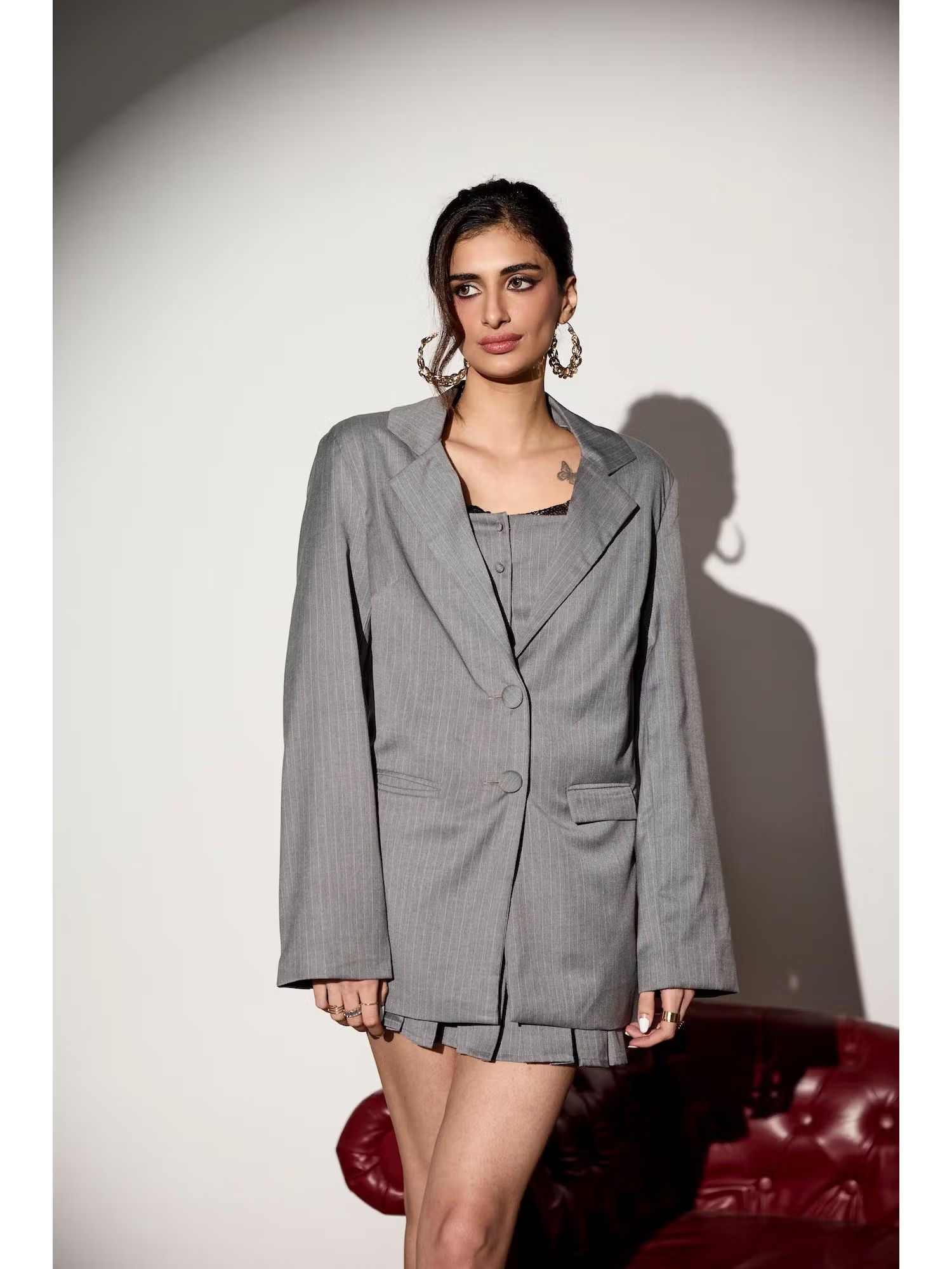 Lea Clothing Savvy Grey Pinstripe Oversize Blazer