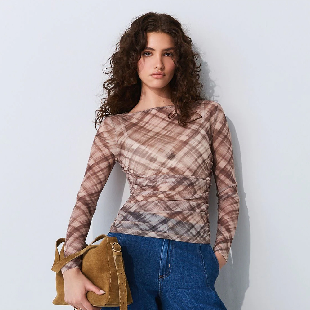 Neutral Check Long Sleeve Ruched Side Mesh Top