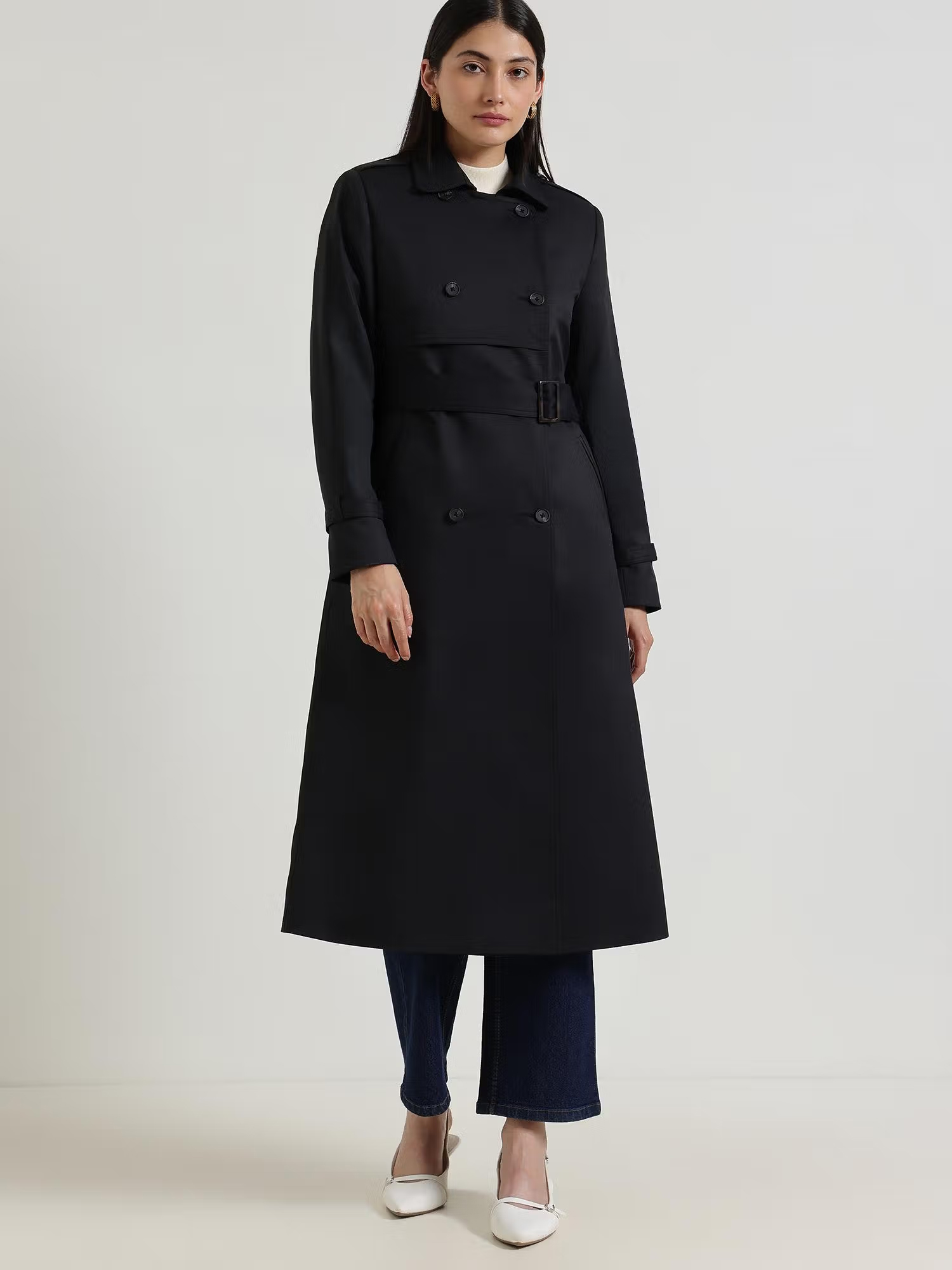 FableStreet Double-Breasted Long Trench Overcoat with Belt - Black