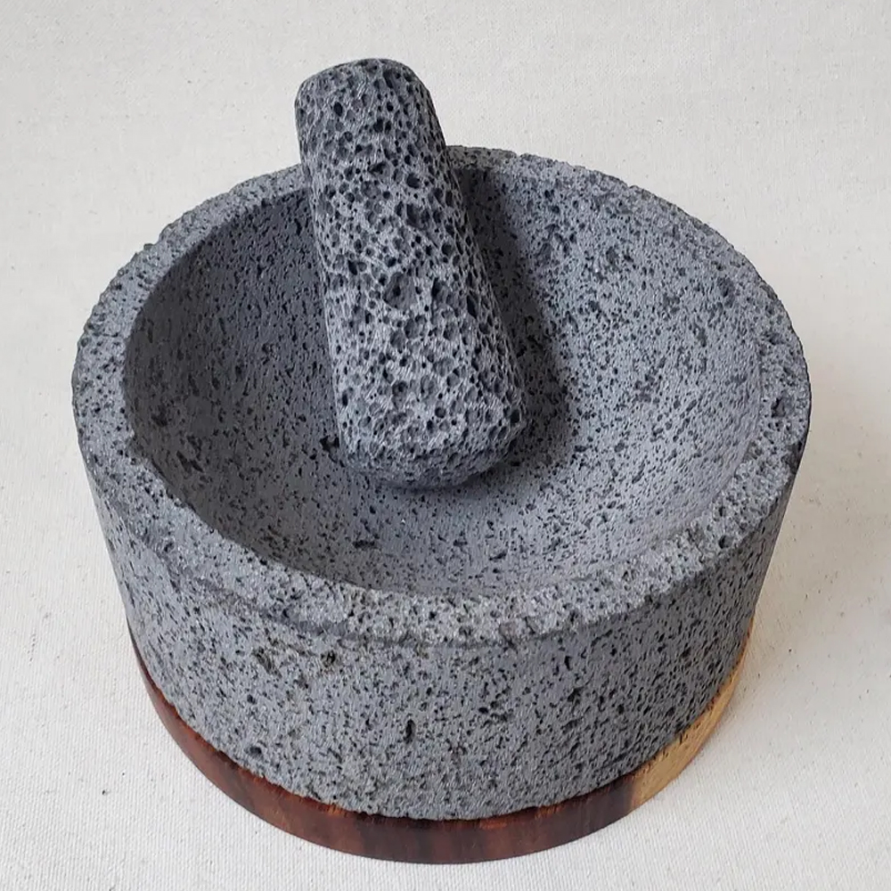 Authentic Molcajete 8" with Wood Base Lava Volcanic Stone, Pestle and Mortar Set