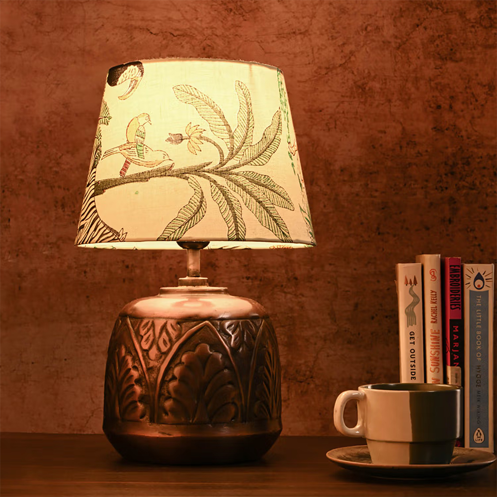 Green Girgit Copper Leaf Etched Pot Lamp with Multicolour Taper Green Shade