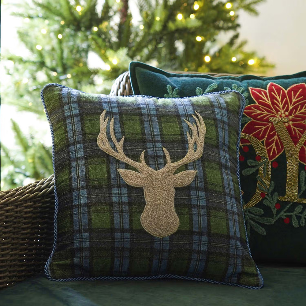 Pure Home + Living Green Checked Reindeer Embroidered Square Cushion Cover