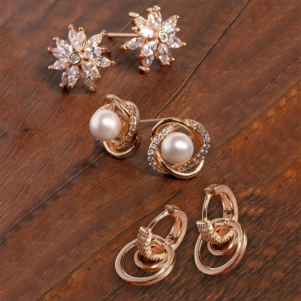 Zaveri Pearls Combo of 3 Rose Gold Cubic Zirconia Brass Stud & Drop Earring
