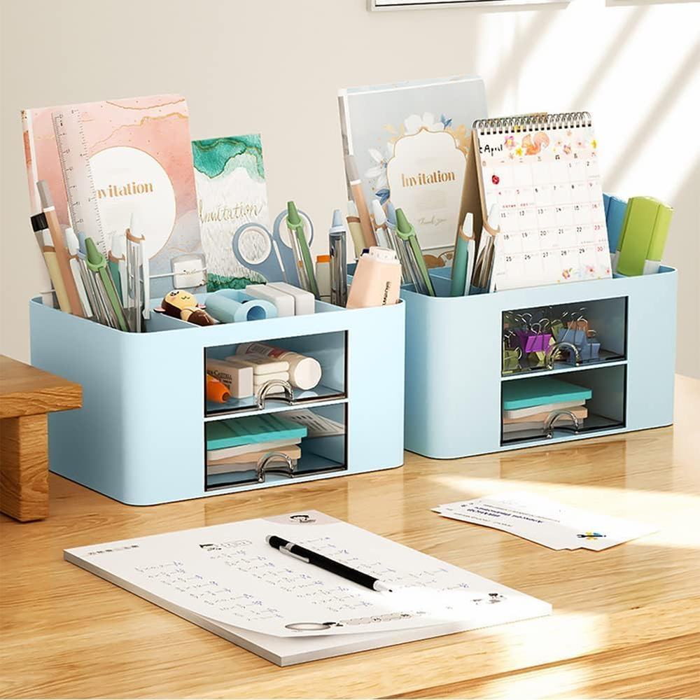 UCRAVO Stylish Stackable Desk Organizer with 2 Drawers and 5 Compartments– Multi-Functional Desktop Storage Box with Pen Holder for Home, Office, School, Craft Supplies, and Art Stationery - Blue : Amazon.in: Office Products