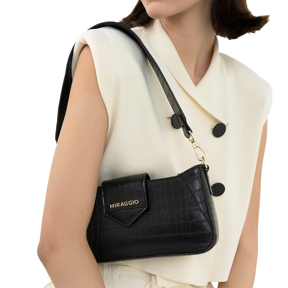 MIRAGGIO Isabella Textured Shoulder Bag for Women - Black