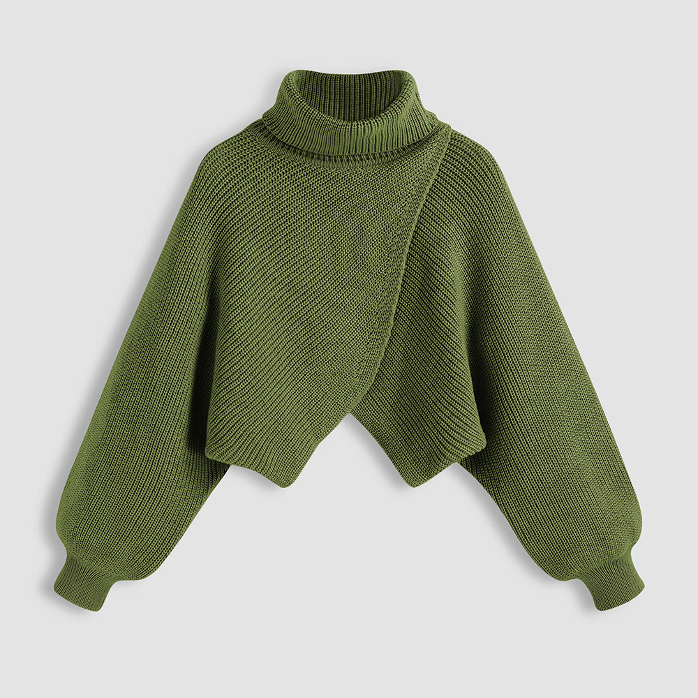 Cider High Neck Solid Knitted Long Sleeve Crop Sweater
