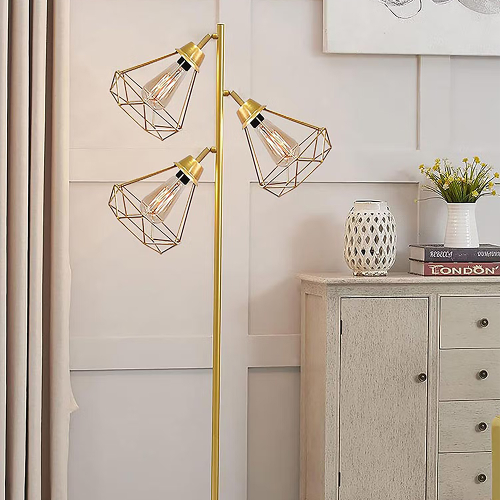 Homesake 3Hanging Tree Floor Lamp Diamond Cage Shades-Gold